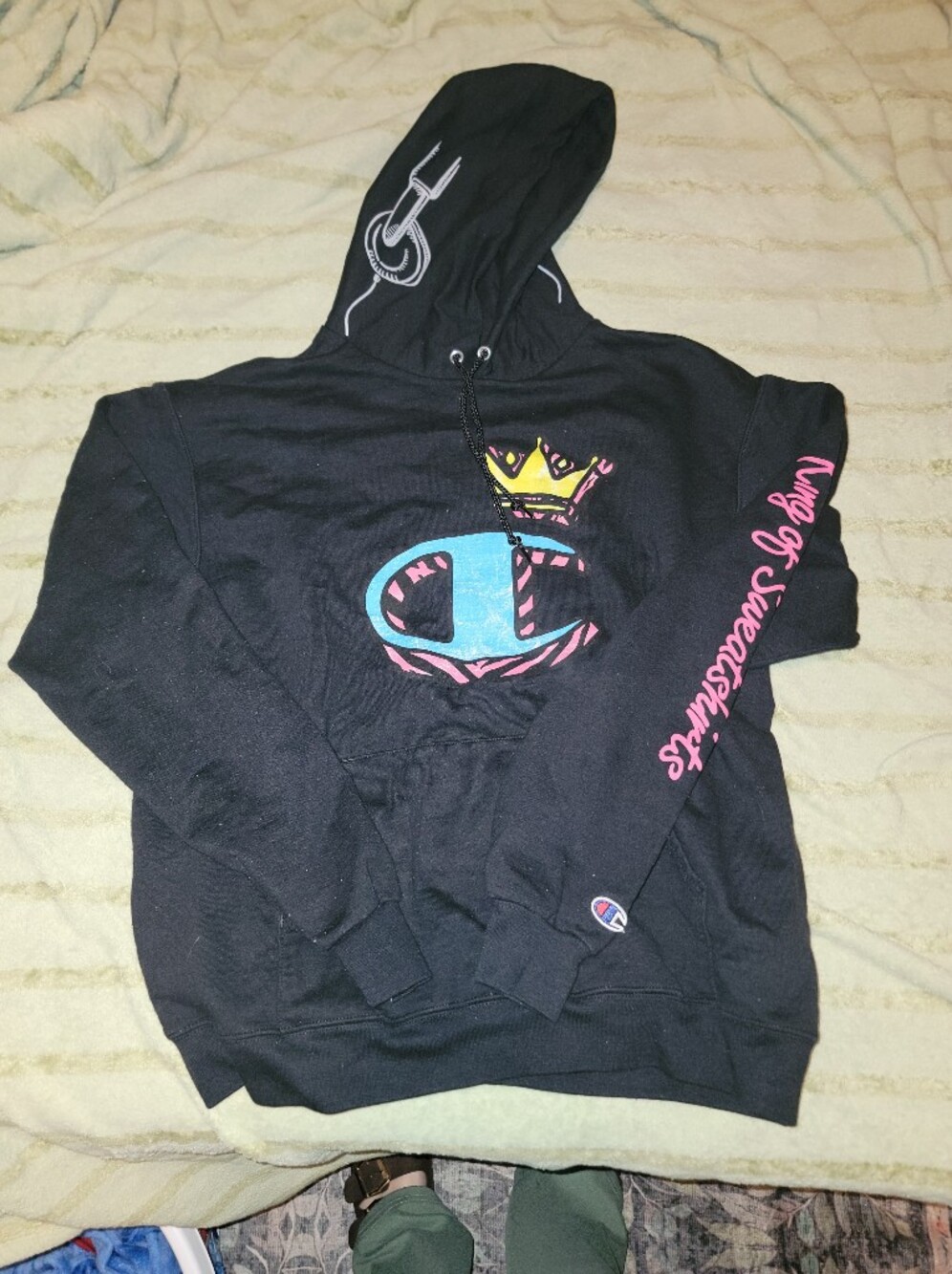 Champion Black Hoodie with Pink Script & Blue Logo